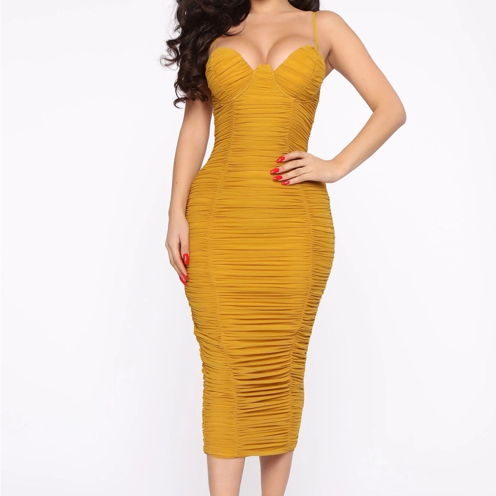 Mustard Midi Rouched Dress